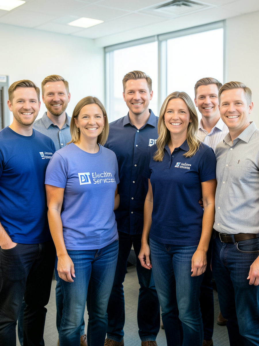 The DT Electric Services team is gathered together, smiling and ready to assist customers.