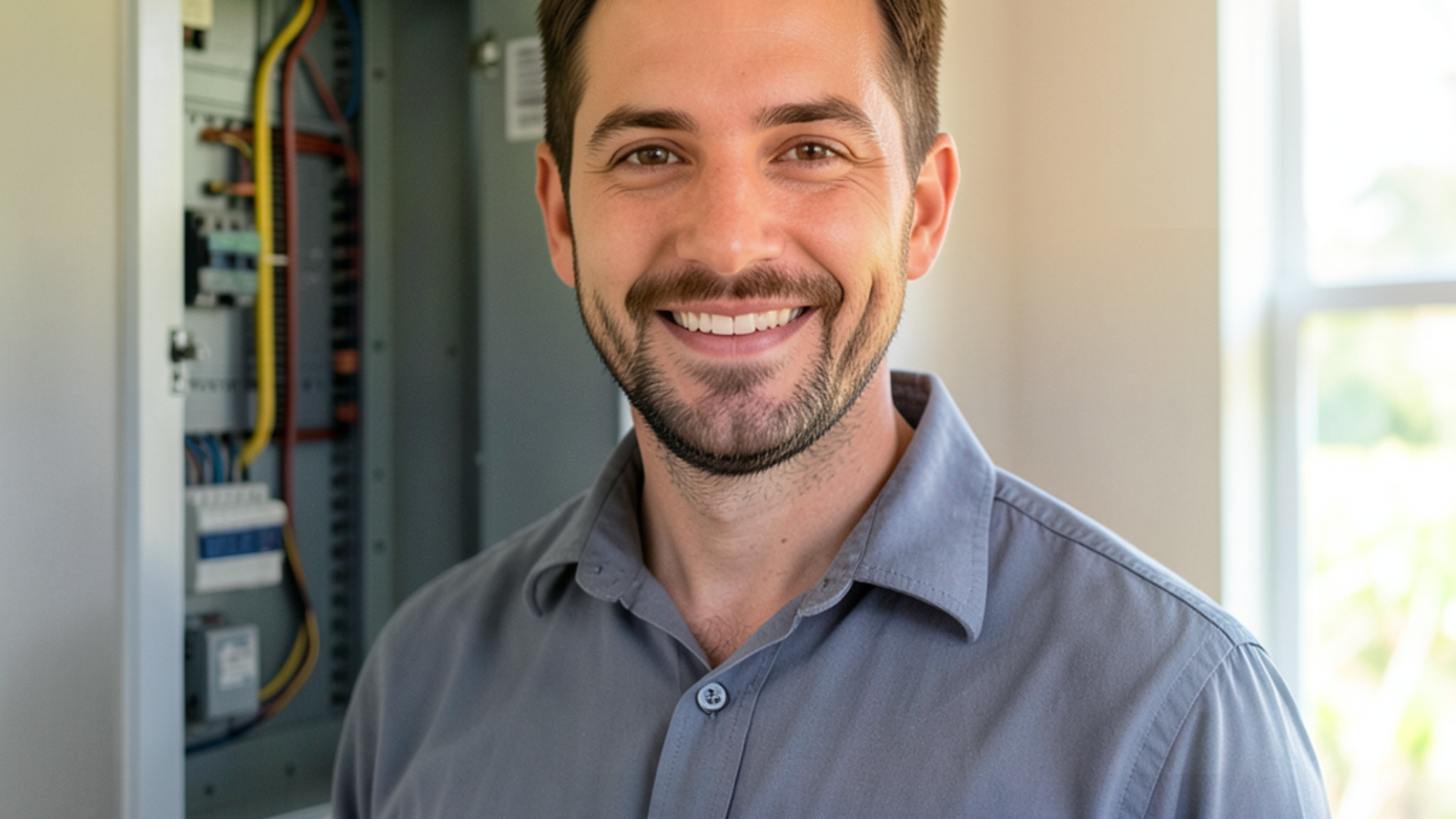 A licensed electrician stands beside a residential electrical panel, ready to help homeowners.