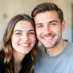 A young Caucasian couple is smiling at the camera, showcasing their satisfaction with the service.
