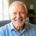 An elderly Caucasian man has a warm smile, representing a happy client.