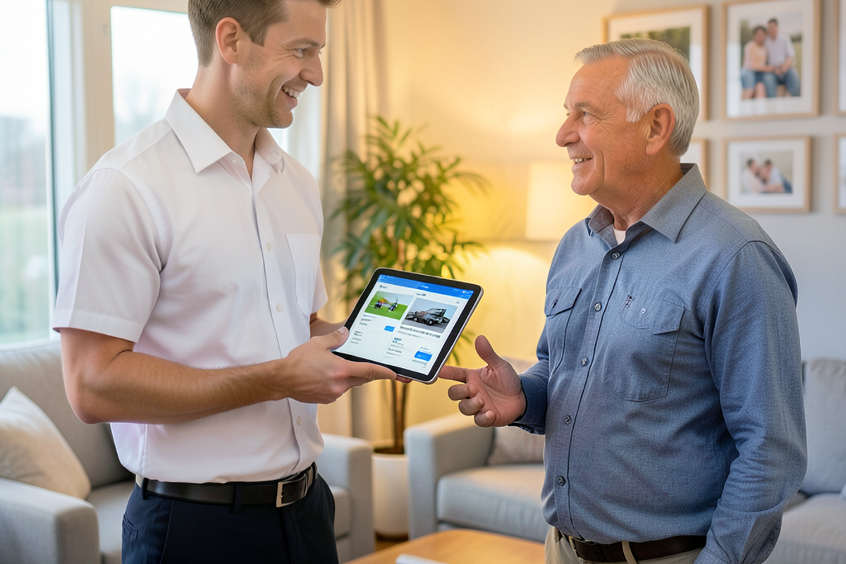A friendly technician is answering a customer's questions about electrical services in a home setting.