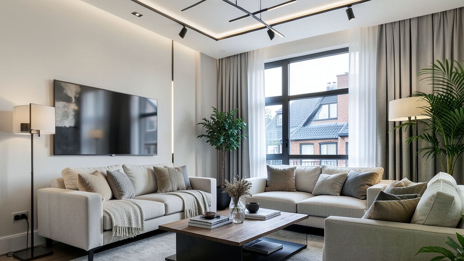 A finished living room with modern lighting and electrical fixtures highlights the quality of the work.