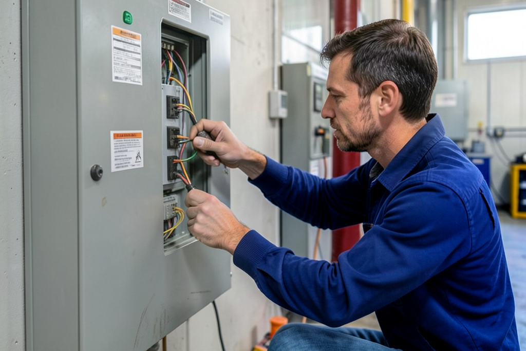A technician is wiring a new electrical panel in a commercial building, demonstrating hands-on work.
