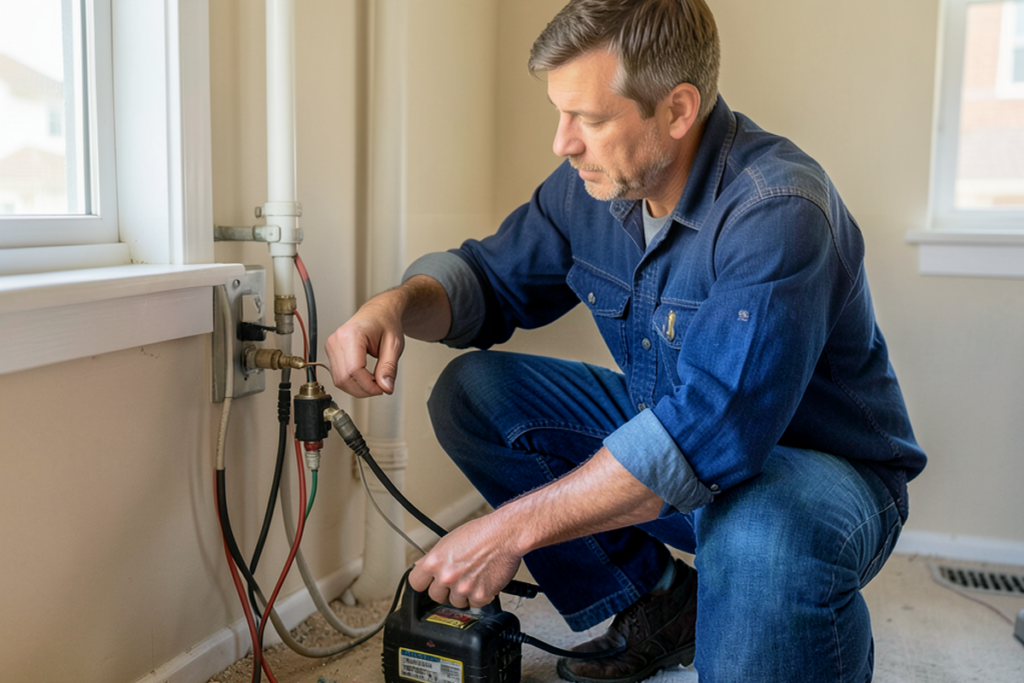 A technician is troubleshooting electrical issues in a residential home, actively engaged with tools.