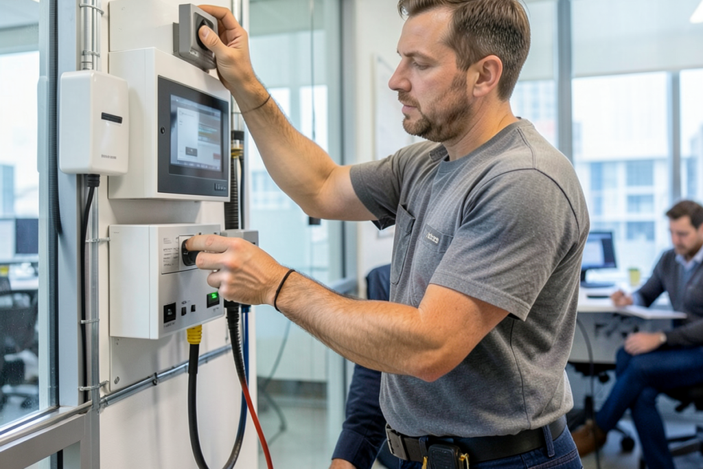 A technician is installing security systems in a business, showcasing the installation process.