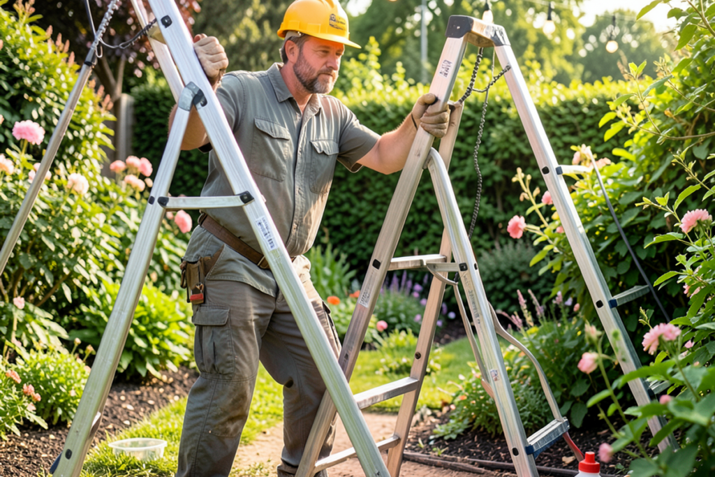 A technician is working on outdoor lighting installation, using ladders and tools in a garden setting.